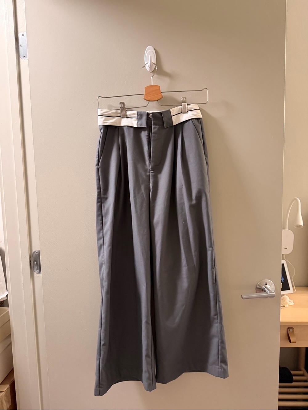 Commense Wide-Leg Trousers in Gray with Cream Waistband